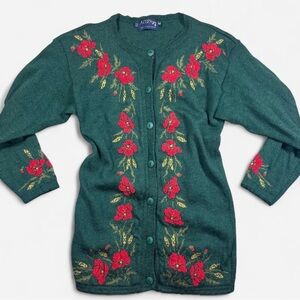 Vtg 100% Pure Wool Acorn Green Floral Poppy Button Hand Knitted Cardigan Women M